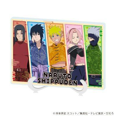 Acrylic art board showing five Naruto Shippuden characters in vertical colored panels with the "NARUTO SHIPPUDEN" logo.
