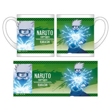 White ceramic mug mockup showing a Naruto Shippuden Hatake Kakashi action design with blue lightning on a green background.