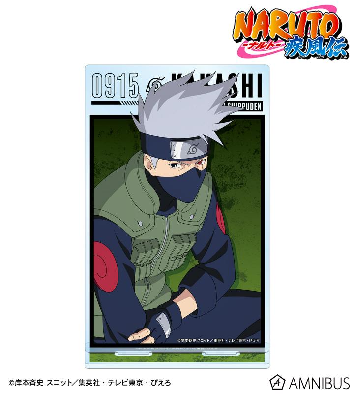 Front view of the acrylic decorative stand featuring Kakashi Hatake in a seated combat pose against a green background, with the stand base visible at the bottom.
