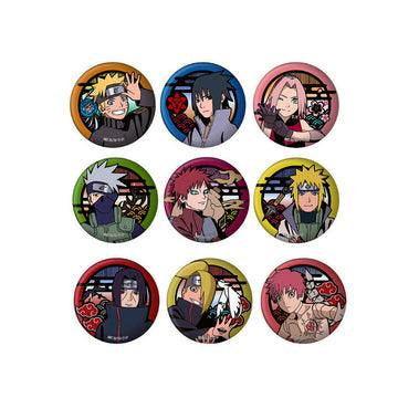 Nine round Naruto-themed can badges displayed in a 3x3 grid showing different character illustrations.