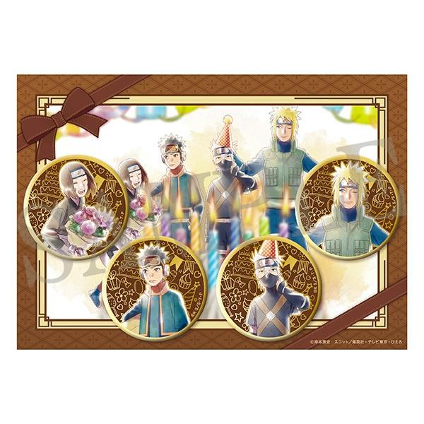 A display of round metal badges featuring characters from Naruto Shippuden, including Kakashi, on a decorative background.