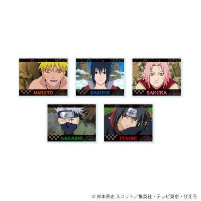 Photo of the complete set of five mini acrylic plates from NARUTO - Shippuden showing scene illustrations of Naruto, Sasuke, Sakura, Kakashi, and Itachi.