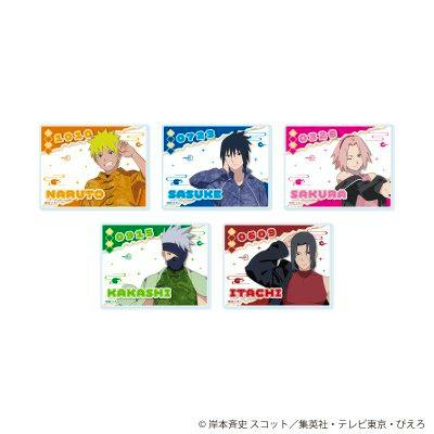 Photo of the complete set of five mini acrylic plates from NARUTO - Shippuden (sporty ver.) showing Naruto, Sasuke, Sakura, Kakashi, and Itachi.