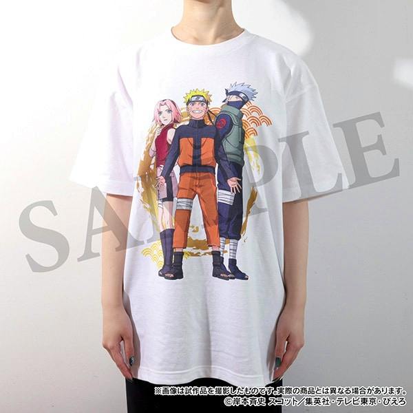Front view of a white NARUTO cotton T-shirt worn by a model showing printed artwork of Naruto, Sakura, and Kakashi.