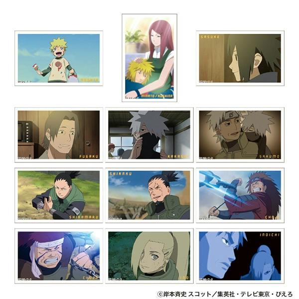 Photo of a grid of twelve rectangular collectible cards featuring characters from NARUTO-ナルト- 疾風伝.