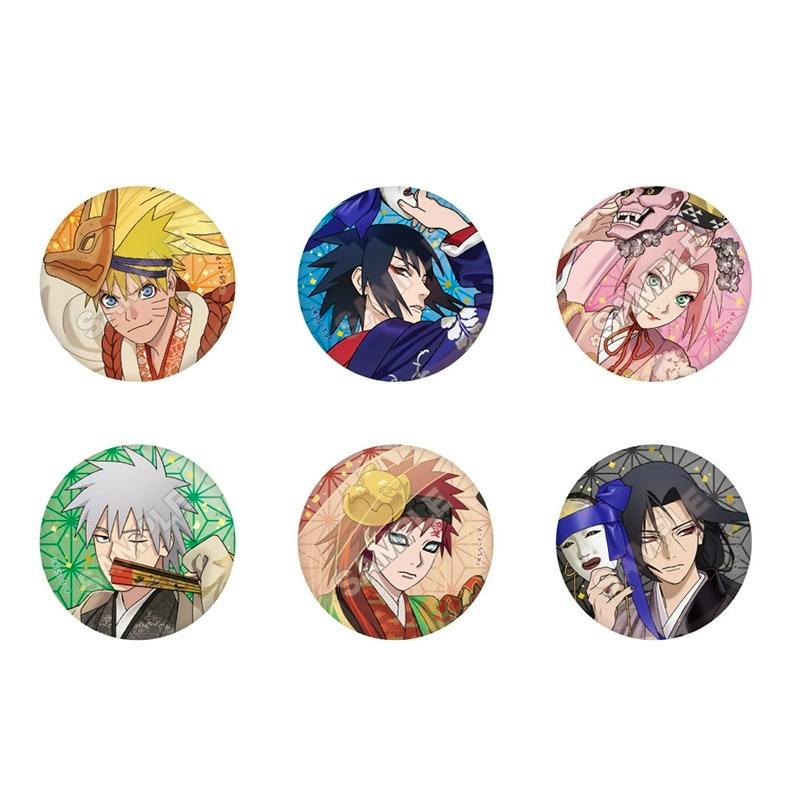 Six round can badges featuring illustrated characters from TV anime "NARUTO -ナルト- 疾風伝" arranged in two rows of three on a white background.
