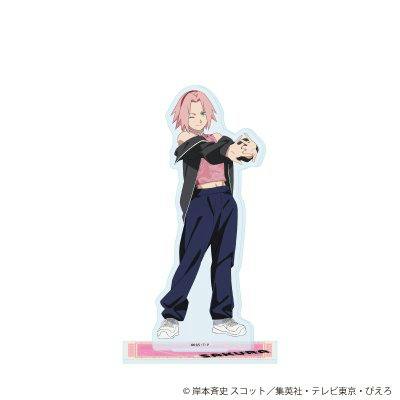 Acrylic stand depicting 春野サクラ (Sakura) sporty version full-body illustration on a display base.