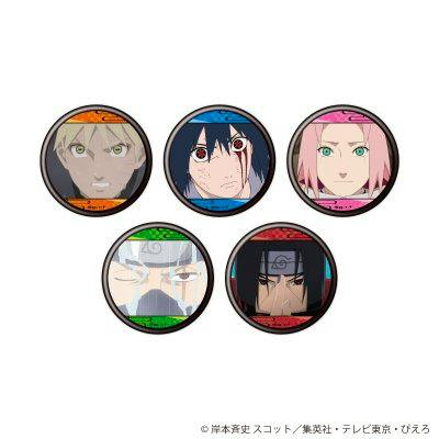 Five round can badges from the NARUTO-ナルト- 疾風伝 complete set, each showing a character face illustration.