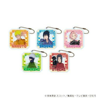 Photo of five acrylic Naruto keychains with ball chains showing Naruto, Sasuke, Sakura, Kakashi, and Itachi.