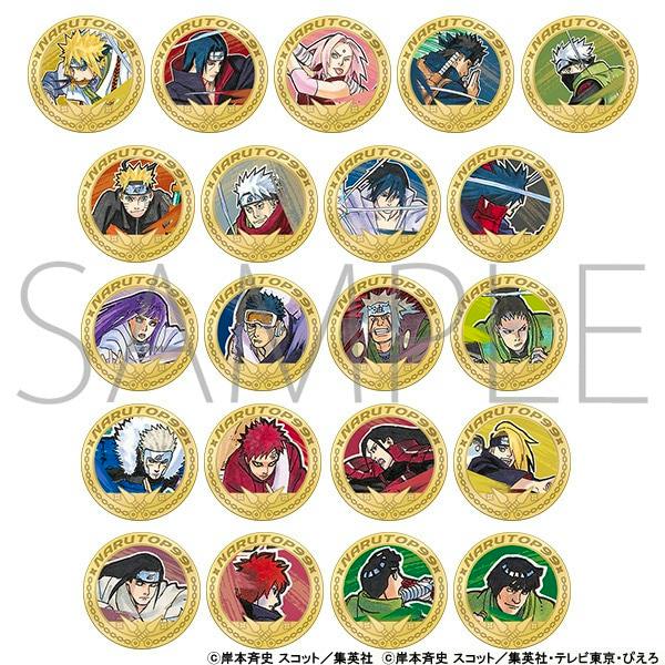 Medal-style pin designs featuring various Naruto characters arranged in a grid.