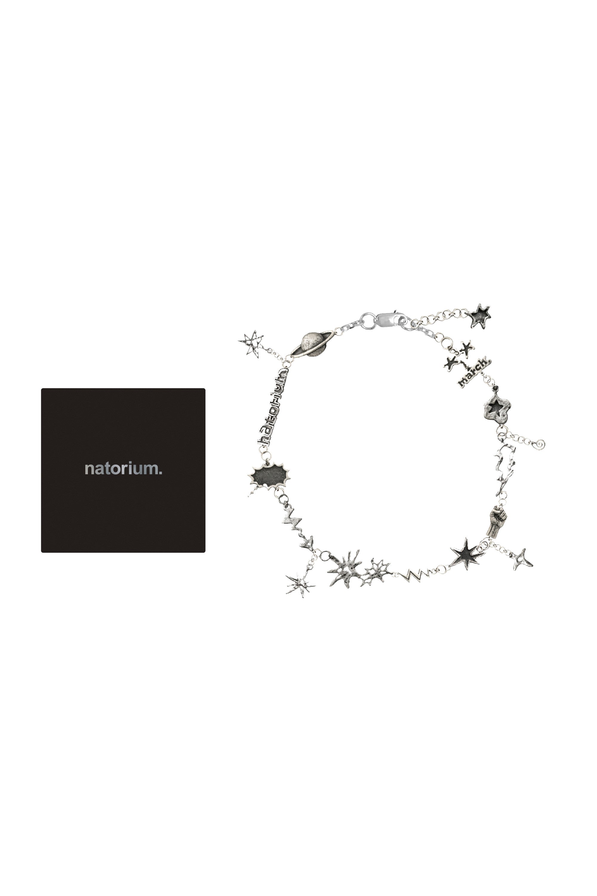 Silver bracelet with multiple star-shaped charms shown on a white background next to a black square labeled "natorium.".