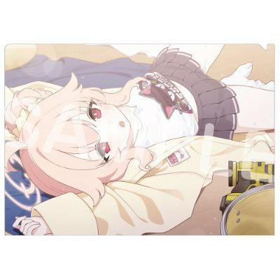 Clear file folder showing an illustration of a girl lying down wearing a jacket, skirt, and t-shirt.