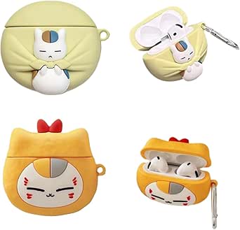 Front and open views of two Nyanko-sensei silicone AirPods cases with carabiners, one light yellow and one orange.