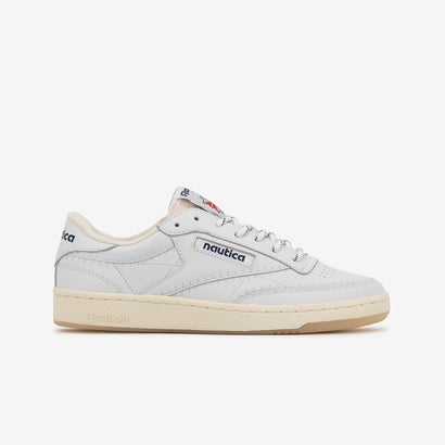 Side view of a white Nautica Club C 85 Vintage leather sneaker on a white background.