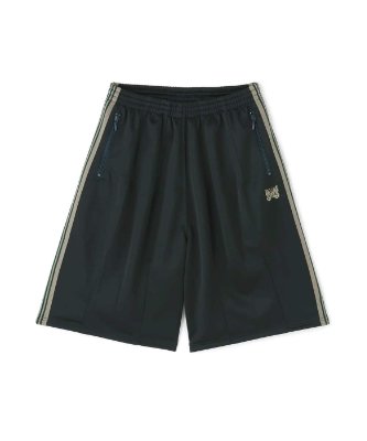 Flat-laid olive polyester men's track shorts with side stripes and a small butterfly logo.