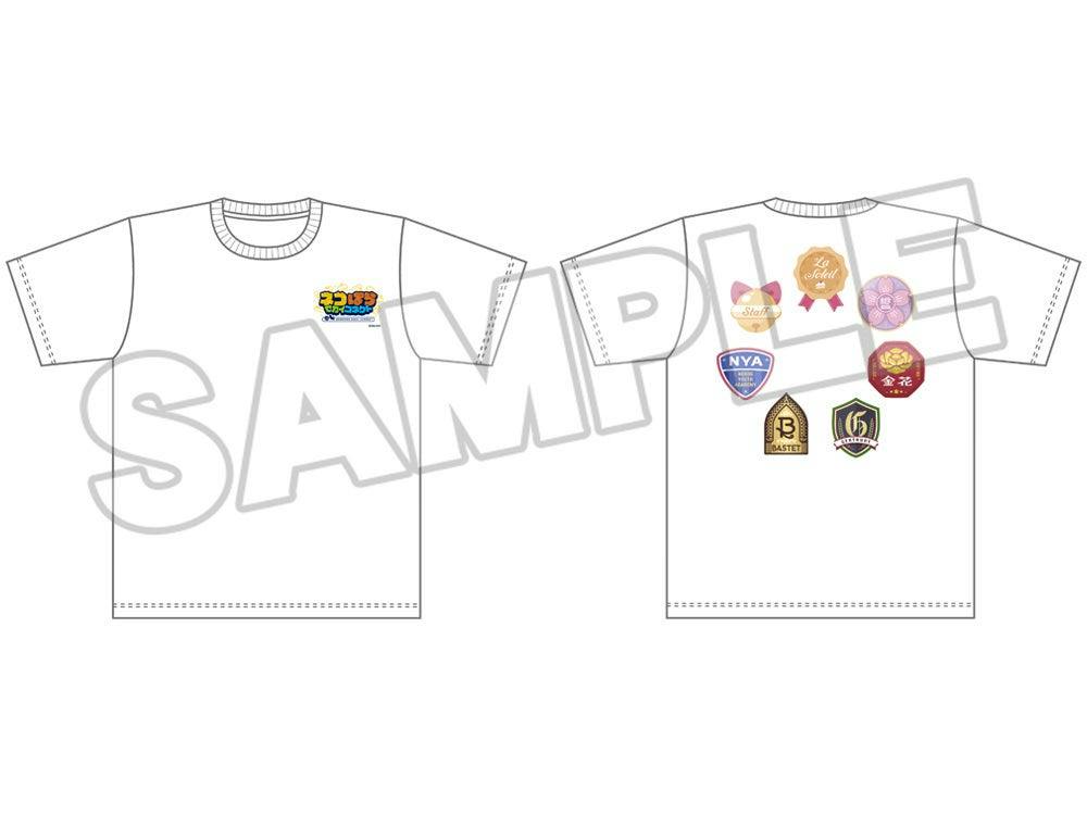 Illustrated front-and-back mockup of a white Nekopara Sekai Connect T-shirt showing a small chest logo and multiple badge-style designs on the back.