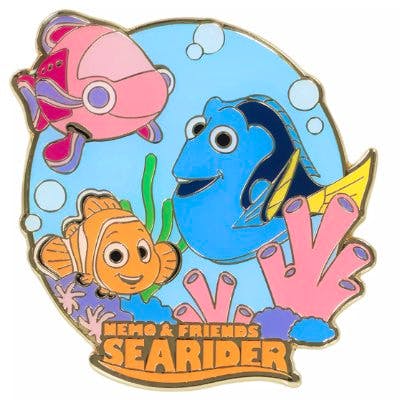 Pin badge showing Nemo & Friends SeaRider design with fish characters, coral, and text.