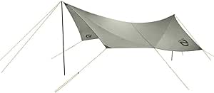 Illustration of the NEMO Shadow Caster 165 tarp-style shelter in Marsh color, set up with poles and guylines.