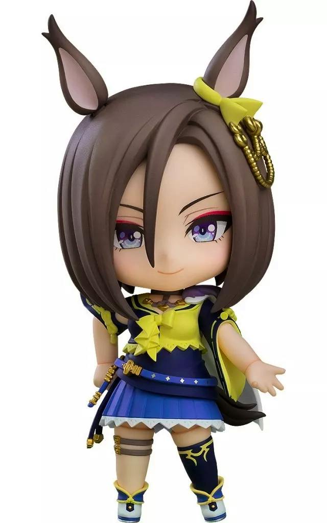 Front view photo of the Nendoroid figure Air Groove from Uma Musume Pretty Derby wearing a blue and yellow outfit.