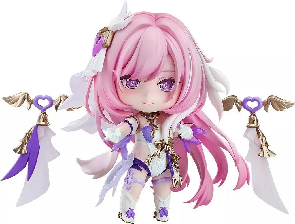Front-facing photo of the Nendoroid figure Elysia from 崩壊3rd with pink hair and separate winged accessories on a white background.