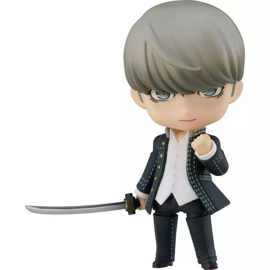 Front view of the Persona 4 Golden (P4G) Nendoroid figure of the protagonist wearing a school uniform and holding a sword.