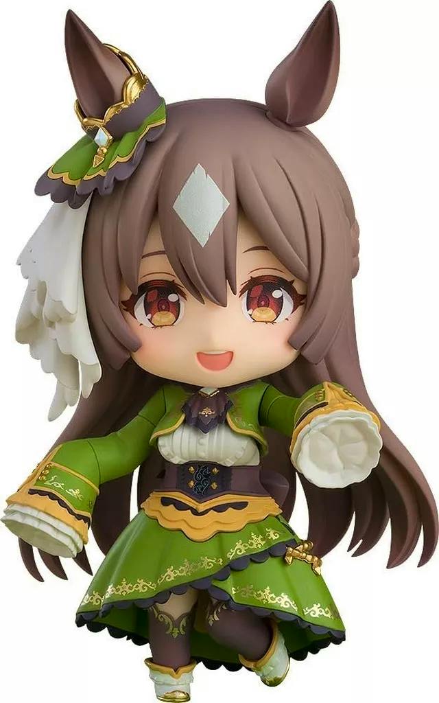 Front-facing photo of the Nendoroid Satono Diamond figure from Uma Musume wearing a green dress, with brown hair and horse ears.