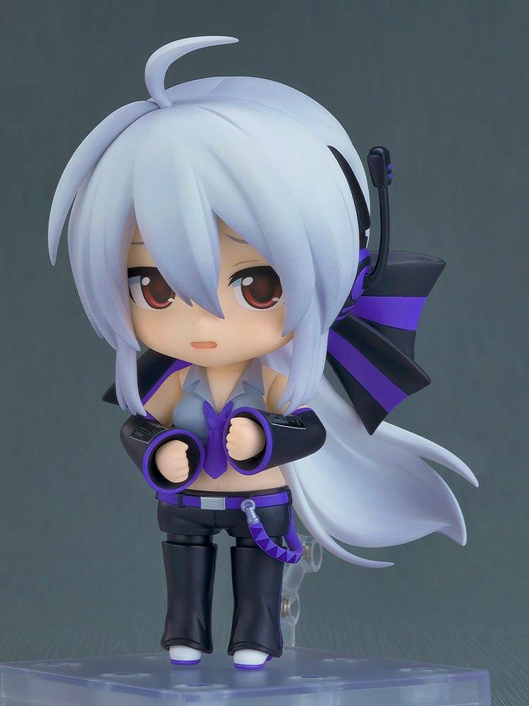A front view photo of the ねんどろいど 弱音ハク figure with white hair, a purple-and-black outfit, and a clear display stand.