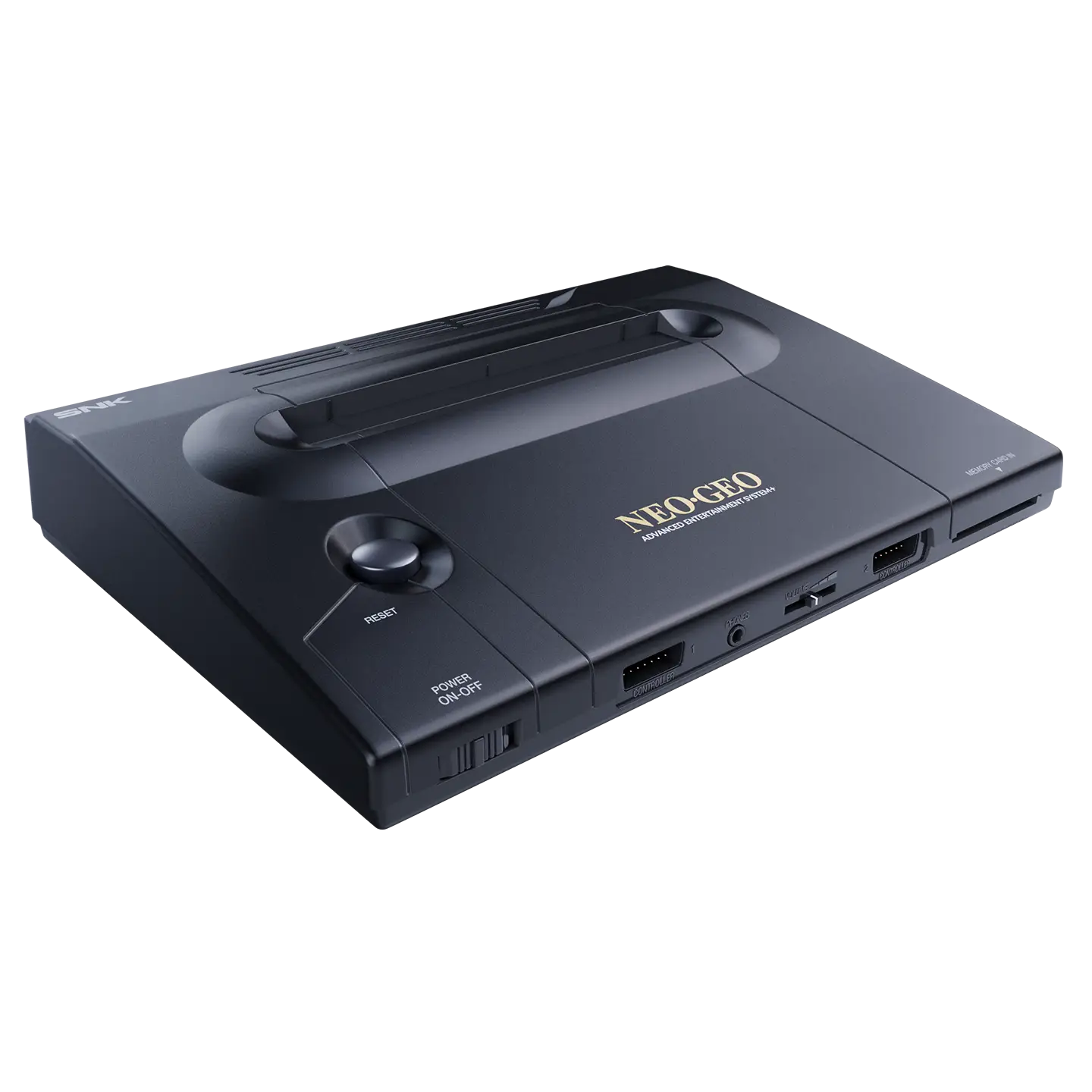 Top view of the black NEOGEO AES+ Ultimate Edition game console showing the cartridge slot and front controller ports.