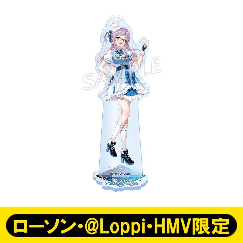 Acrylic decorative stand showing a full-body printed illustration of the character from アクリルスタンド（ネオン：ビジョン・アイ） on a clear base, shown against a white background with a yellow promotional banner at the bottom.
