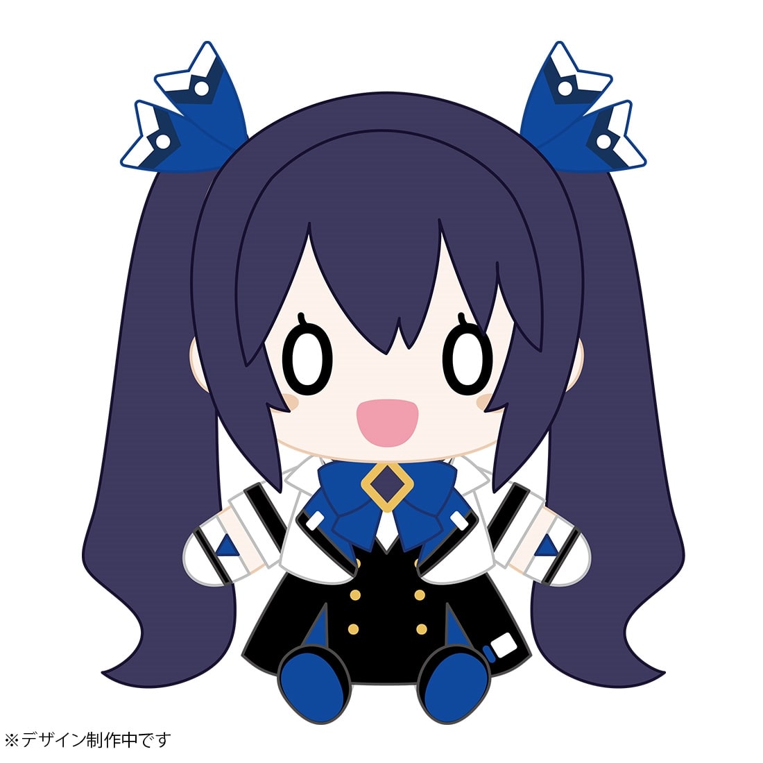 Illustrated mockup of the 「ねぷぐるみ ノワール」 plush showing a stylized sitting character with long dark twin-tails and a blue-and-black outfit.