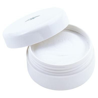 Open white round jar of face powder showing the white powder inside.