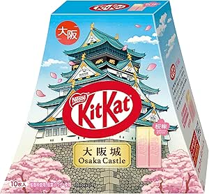 Front view of the Kit Kat Osaka Castle pack showing the Osaka Castle illustration, cherry blossoms, and the KitKat logo.