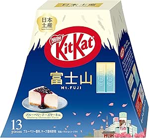 Packaging box of Nestle KitKat Blueberry Cheesecake Flavor Fujiyama Pack showing Mt. Fuji design and a '13 pieces' label.