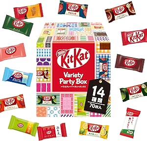 KitKat Variety Party Box packaging surrounded by assorted individually wrapped mini KitKat chocolates.