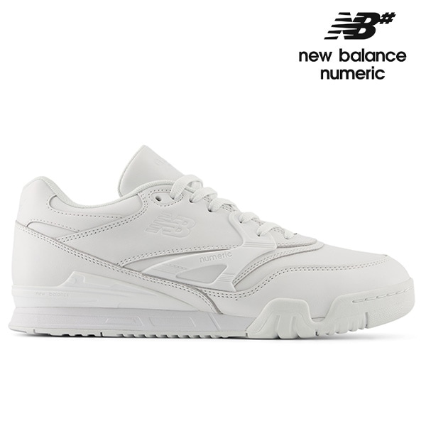 Side view of a white New Balance Numeric skateboarding sneaker on a white background.