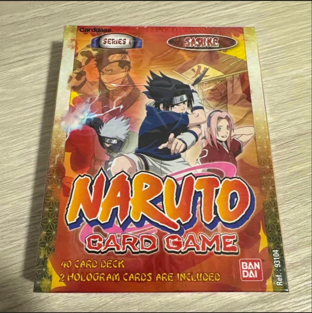 Front of the Naruto Card Game Sasuke version 40-card deck box showing character artwork and the Bandai logo.
