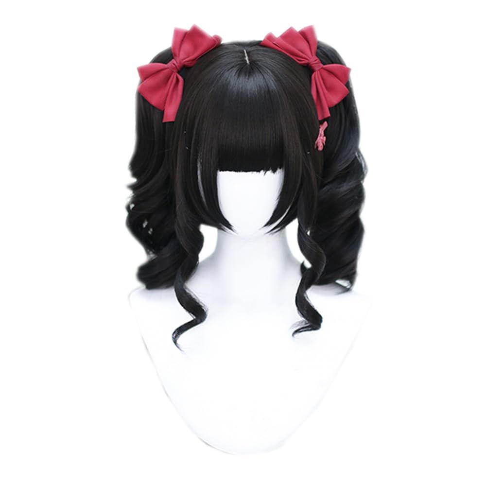 Black synthetic twin-tail wig with straight bangs and curled ends, shown with two red bows on a white mannequin head.