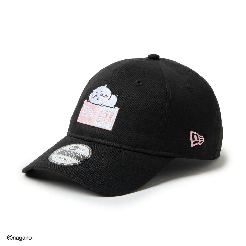 Black 9TWENTY cotton baseball cap with a pink box logo featuring the ちいかわ character embroidered on the front and a silver 9TWENTY sticker on the brim.