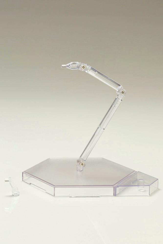 Clear plastic hexagonal stand with an adjustable articulated arm and a small detached connector piece visible on a neutral background.