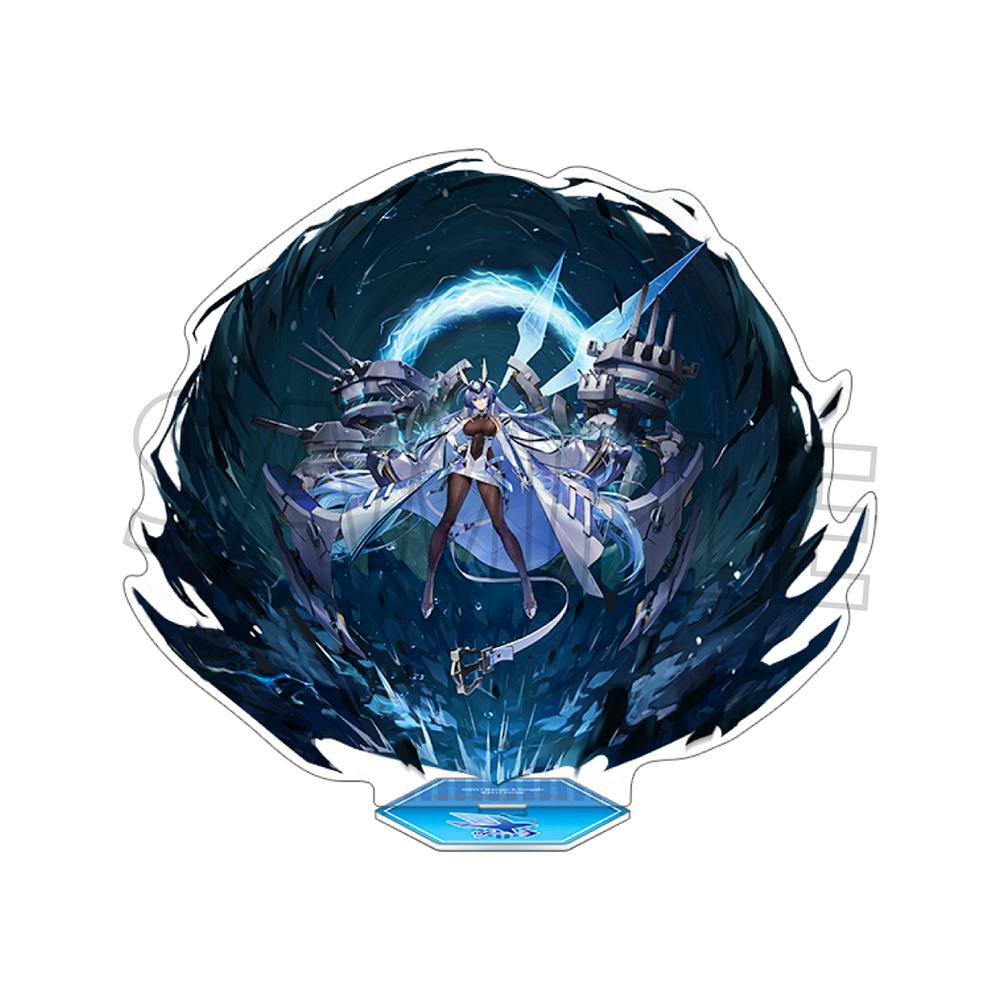 An acrylic stand for "ニュージャージー" showing the character illustration with a dark swirling background and a blue hexagonal base.