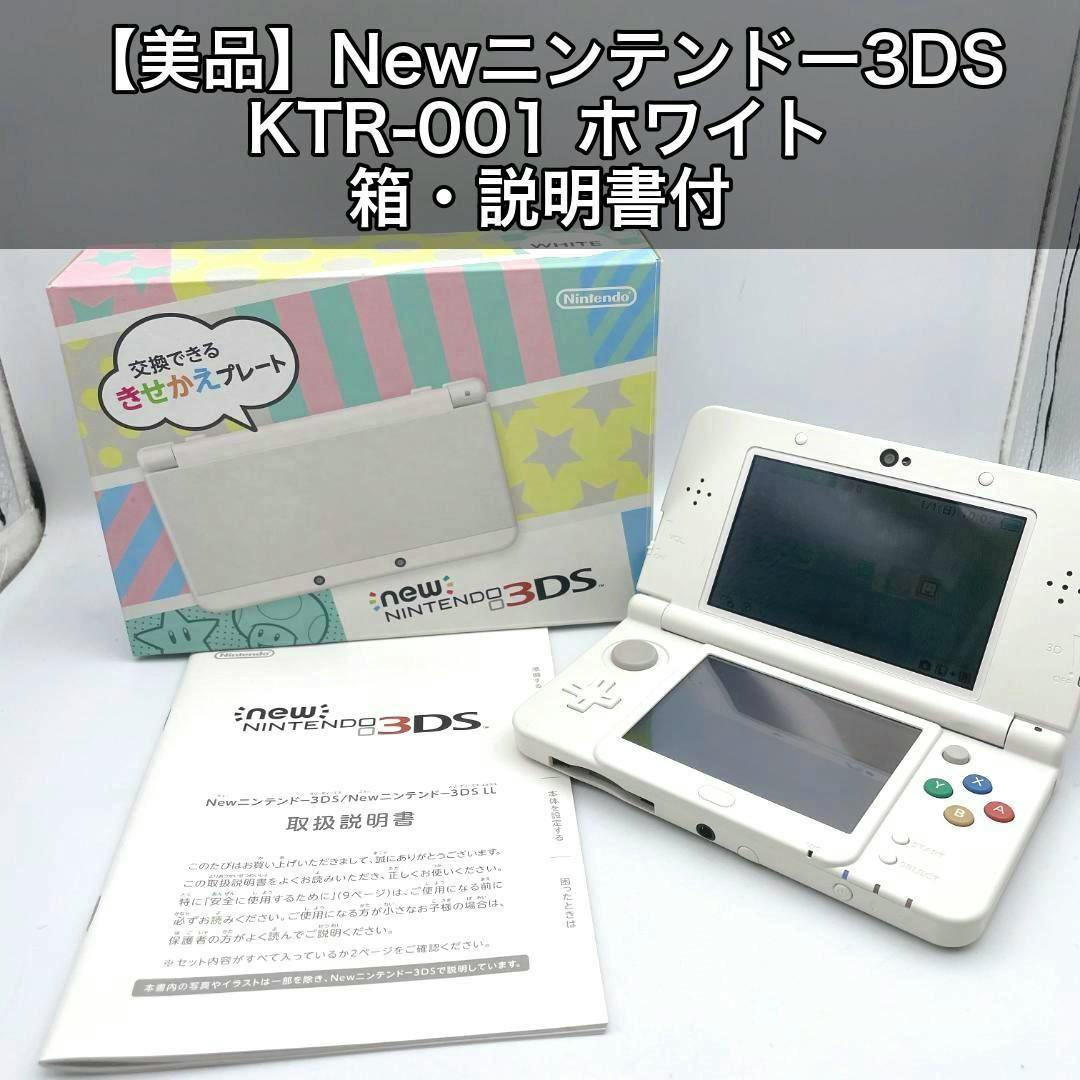 White New Nintendo 3DS handheld console shown open next to its original box and instruction manual.