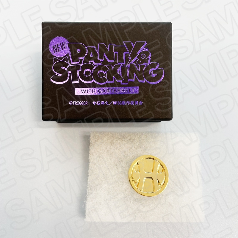 A New PANTY ＆ STOCKING with GARTERBELT medal displayed on white padding beside its branded box.