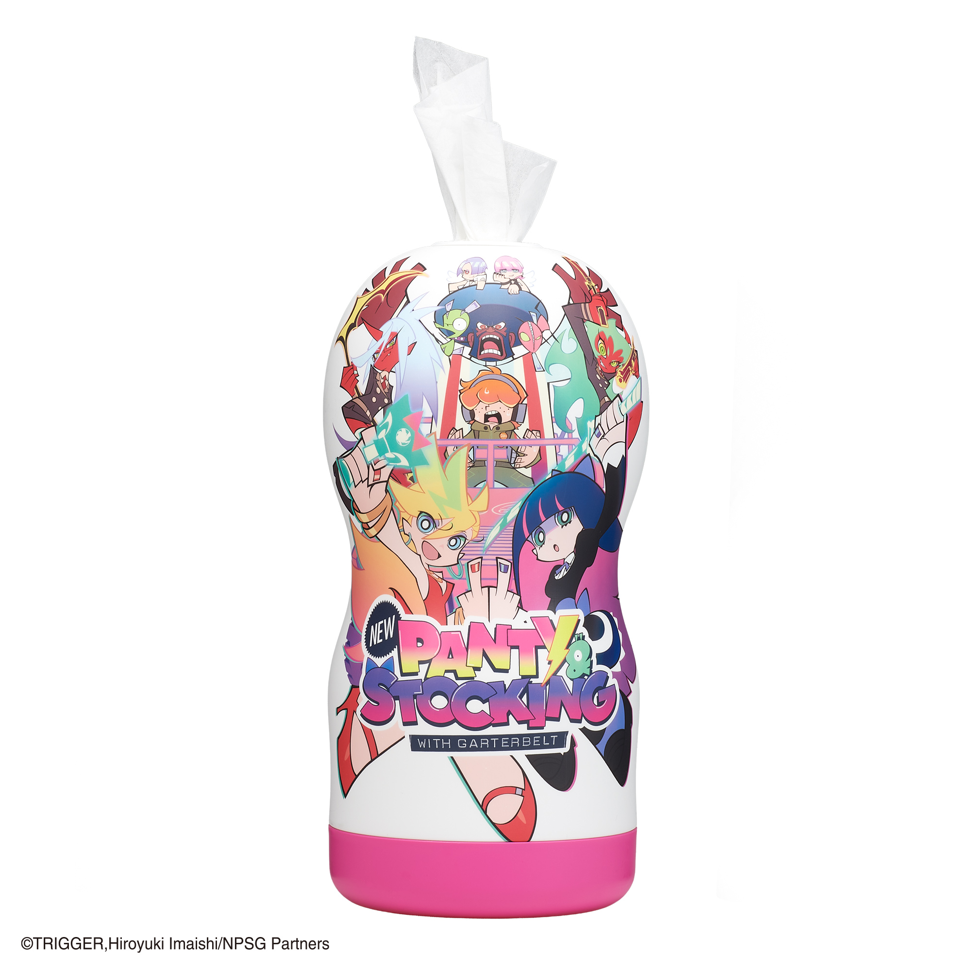 Front view of the Panty & Stocking with Garterbelt x TENGA plastic tissue case showing colorful character artwork and a pink base.