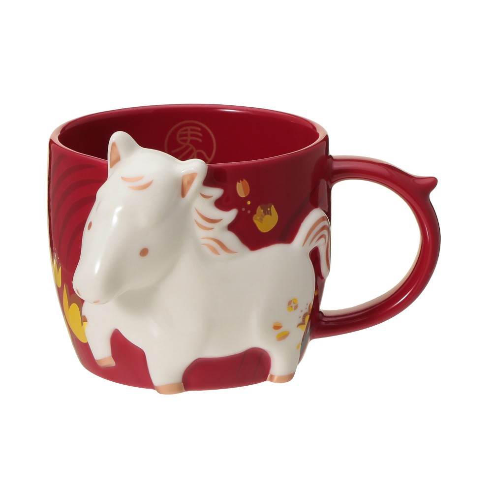 Red ceramic mug with a white horse-shaped 3D figure on the side and a curved handle.
