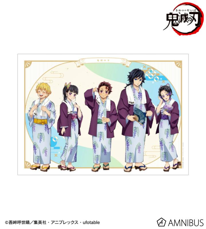 A3 matte poster illustration of five characters wearing onsen yukata standing side by side.