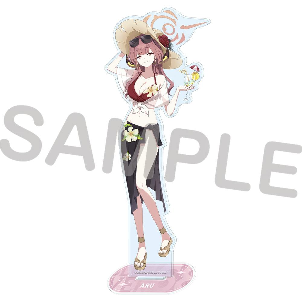 Front view of a single acrylic decorative stand showing the character 'ARU' in a swimsuit on a base labeled ARU.