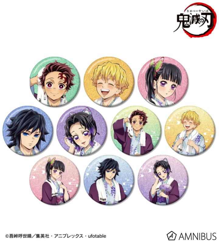 Ten round glitter-effect can badges showing anime characters wearing onsen yukata arranged on a white background.