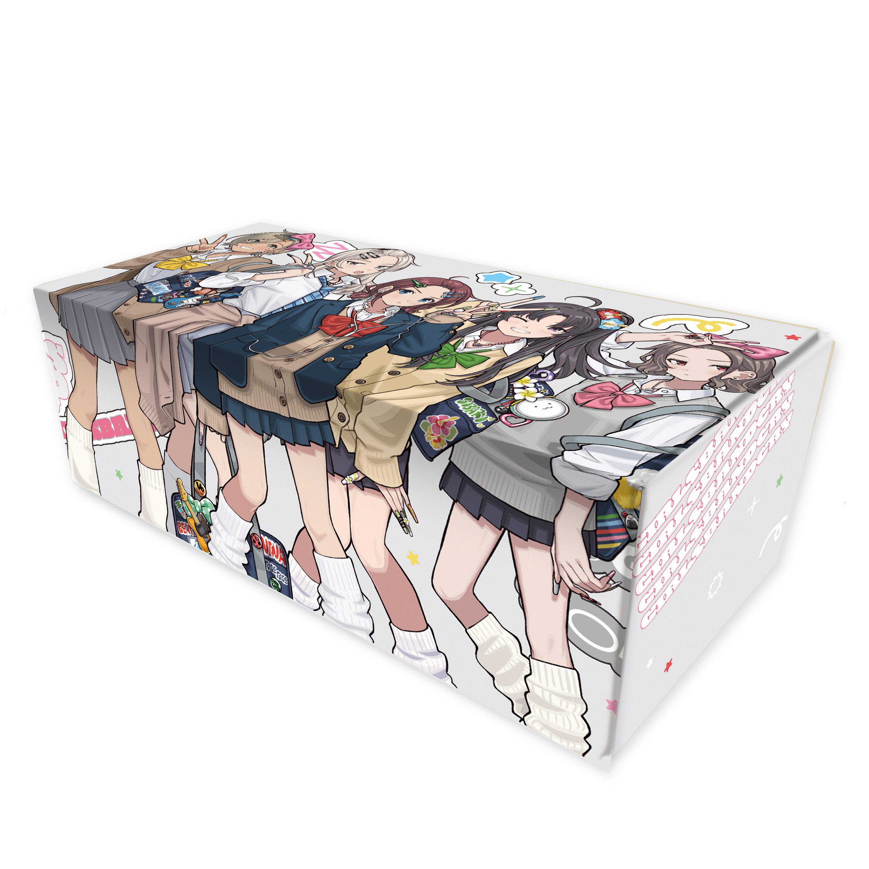 Perspective render of the paper storage box showing illustrated "Heisei gal" characters printed along the side.
