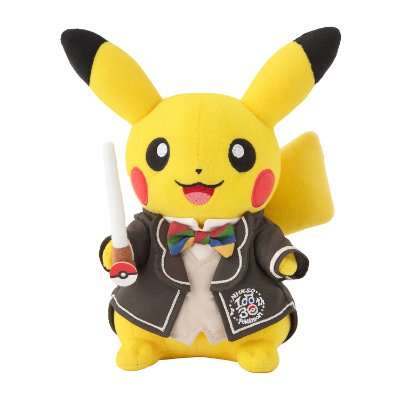 Pikachu plush toy wearing a conductor-style jacket and bow tie, holding a white baton.