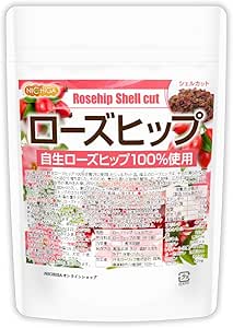 Front view of the Nichiga Rosehip Shell Cut tea pouch packaging showing Japanese label text and rosehip images.